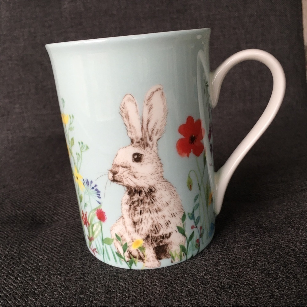 Bunny + Floral Colorful Spring Coffee, Tea Mug, Blue, White, NEW, 12 oz